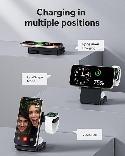 3 in 1 Charging Station for iPhone 16 15 14 13 12 Series, Wireless Charger for Apple Watch，Travel Magnetic Charging Stand for AirPods (Black)