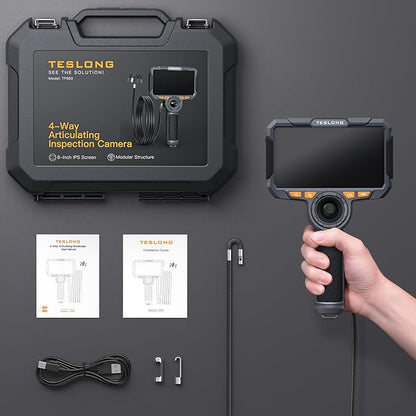 360 Articulating Borescope with 6” Monitor, Teslong Mechanics Inspection Camera with 4-Way Joystick Articulation, HD Steerable Endoscope Camera with Light, See in Wall Engine Hole Camera(0.24inch-5FT)
