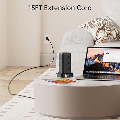 PD20W Surge Protector Power Strip Tower, 15FT Extension Cord with Multiple Outlets, 12 AC 4 USB (1 USB C)，Mini Power Strip with USB Ports, Surge Protector Tower Overload Protection for Office, Desk