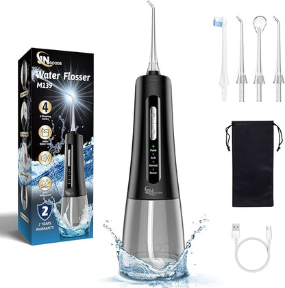 JNGOODS Cordless Water Dental Flosser Oral irrigator,JNGOODS 300ml Rechargeable Water flosser for Teeth IPX7 Waterproof 4 Modes Portable Oral Irrigator with 4 Jet Tips, Travel Home use (Black)