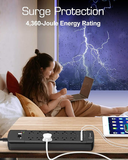 Witeem Surge Protector Power Strip - 12 Outlets,4 USB 6A Ports, 6Ft Extension Cord, 1875W/15A, 4360Joules, Overload Protection - Ideal for Home & Office Use (Black-USB6A)