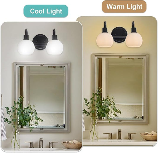 WINSHEN 2-Light Black Bathroom Light Fixture, Milk White Globe Wall Sconce Lamp for Hallway Bedroom Foyer Cabinets, Modern Vanity Lights E26 Socket