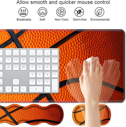 4 in 1 Ergonomic Keyboard Wrist Rest & Mouse Pad Wrist Rest Set, Large XXL Gaming Desk Mat 31.5"x 11.8" with Non-Slip Base, Memory Foam for Home Office Study Gaming, Basketball Surface