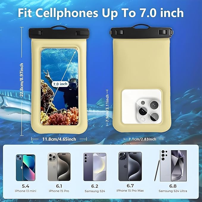 Floatable Soap Bubble Waterproof Phone Pouch/Case with Crossbody Lanyard for iPhone 16 Pro Max/15 Pro/14/13/12, IP68 Cellphone Dry Bag Beach Cruise Ship Essentials, 1 Pack-Creamy-7″