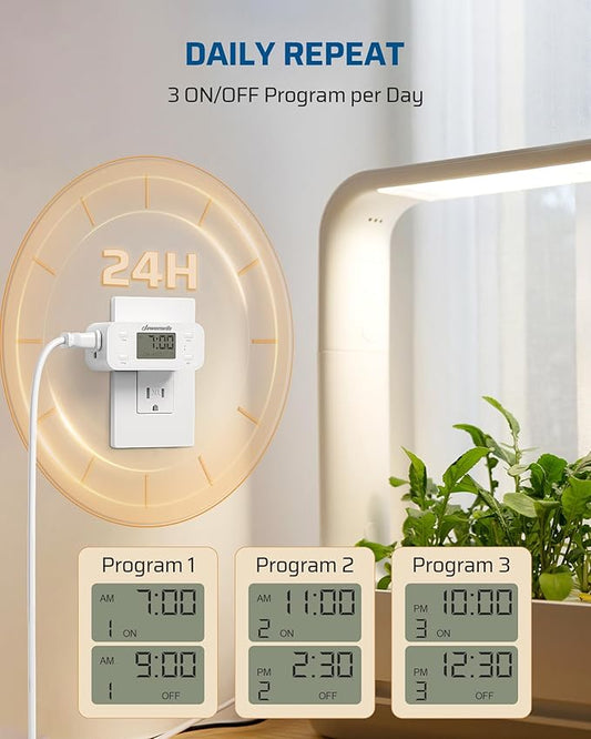 DEWENWILS 24 Hour Programmable Digital Timer Outlet, 2 Pack Timers for Electrical Outlets, Light Timer for Indoor Lamp Fan Aquarium, 1 Grounded Outlet, 125V/15A/1000W, 3 Prong, 1/2 HP