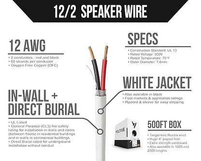 Voltive 12/2 Speaker Wire, in-Wall CL3 & Direct Burial, White, 500ft - 12AWG, 2 Conductors, Stranded Oxygen-Free Copper, UL Listed - V-1206-6