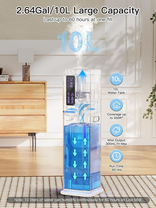 Zeova 10L/2.64Gal Humidifiers for Bedroom, Top Fill Quiet Ultrasonic Cool Mist Humidifier Large Room, Covers 550ft², 60H Runtime, 24H Timer, 3 Mist Modes Humidifiers for Home, Office, Plants, White