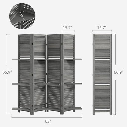 HOMCOM Room Divider, 4 Panel 67" Tall Wood Privacy Screen with 3 Display Shelves, and Folding Storage for Bedroom or Home Office, Gray