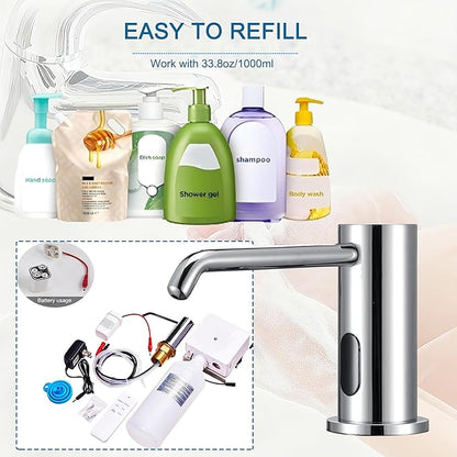 Automatic Soap Dispenser Touchless for Kitchen Bathroom Sink Built in Electric Soap Dispenser Infrared Sensors Liquid Commercial Dispenser with Bottle and Pump 33.81oz/1000ml (Chrome)