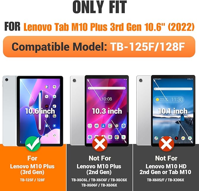 SEYMAC stock Tablet Case for Lenovo Tab M10 Plus 3rd Gen (TB-125FU/128FU/128XU) 10.6 inch Drop-Proof Protection Cover with 360° Rotate Stand & Strap [Pen Holder] & Screen Protector, Blue+Black