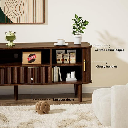 DAMCROP 62.4 Inch Fluted TV Stand, Modern Media Console Table with Sliding Tambour Door Farmhouse Sideboard Buffet Cabinet Fits TVs up to 75 inch, Wood Entertainment Center for Living Room(Dark Wood)