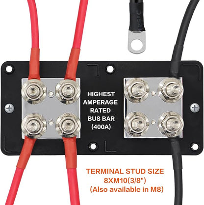 AMOMD Heavy Duty 400A 12-48V Tin-Plated Copper Block Bus Bar 8xM10(3/8") Studs Independent Modular Positive Negative Ground Battery Junction Block Buss Bar for Solar System Marine Truck Boat