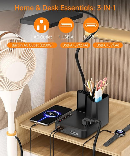 Desk Lamp, COZOO LED Desk Lamps for Home Office with USB Charging Port/Outlet/Organizer,Desk Lamp for College Dorm Eye-Caring Study Light,Gooseneck Table Lamp with Pen Holders/Storage,9 Lighting Modes