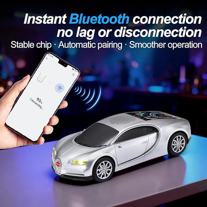WSTER Luxury Sports Car Model Bluetooth Speaker with HD Sound, TWS Stereo Pairing, Display Screen, Built-in Microphone, Unique Bluetooth Car Speaker for Home, Party, Outdoor & Beach (Silver)