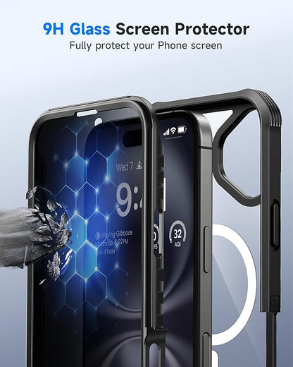 seacosmo for iPhone 16 Plus Case, Full Body Bumper with Built-in 9H Tempered Glass Privacy Screen Protector and Camera Lens Protector, Compatible with MagSafe, Shockproof Phone Cover, 6.7", Black