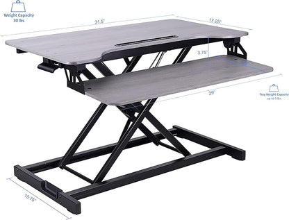 Rocelco Standing Desk Converter with Dual Monitor Mount - 31.5 Inch Sit Stand Up Tabletop Riser with Tablet Holder, Height Adjustable Workstation - Deep Keyboard Tray for Laptop - Gray (R VADRG-DM2)