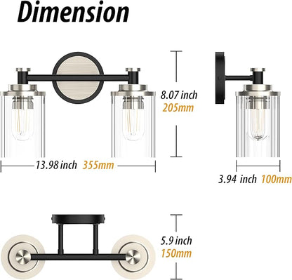 PHIXART Bathroom Lighting Fixtures Black and Brushed Nickel Bathroom Vanity Light with Cylindrical Clear Stripes Glass Lampshade E26 Socket Base Bathroom Lighting Fixtures Over Mirror (2 Lights)