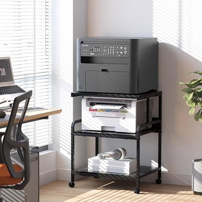 Arbuxzuy Large Printer Stand with Storage Shelf, 23.6" W x 18.9" D Printer Cart with Wheels, 3 Tier Mobile Printer Table for Home Office,Stands for Heat Press Scanner Fax (Black)