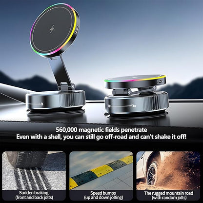 Wireless Charger Car Phone Holder for Magsafe,360°Adjustable Vacuum Magnetic Phone Holder,Nano Gel Suction Cup/RGB Light Suction Cup Mount for Non Smooth Surfaces Compatible iPhone&Android