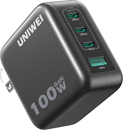 UNIWEI 100W USB C Charger Block, 4-Port GaN and Ultra-Compact Wall Adapter, for MacBook, iPhone 17/16 Series, Samsung Galaxy, Pixel, and More