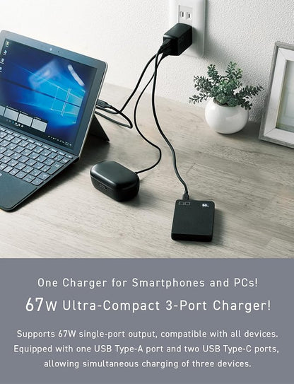 CIO 65W USB C Charger Block, Max 67W GaN Fast Charging Brick w/Dual Type-C Ports & Type-A, USBC Adapter, Multi Travel Charger Block, NovaPort Trio II 2C1A (Black)
