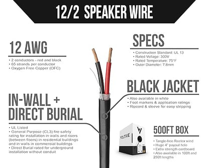 Voltive 12/2 Speaker Wire, in-Wall CL3 & Direct Burial, Black, 500ft - 12AWG, 2 Conductors, Stranded Oxygen-Free Copper, UL Listed - V-1206-5