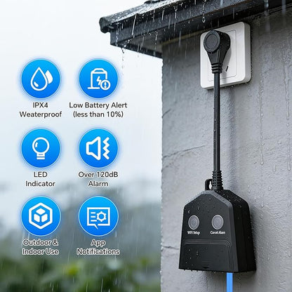 Sump Pump Alarm WiFi, Smart High/Low Water Level Alarm, Free App Notification & 120dB Alarm, Built-in Backup Battery, IPX4 Waterproof, with 10ft Float Switch for Basement Sump, Water Tank, Septic Tank