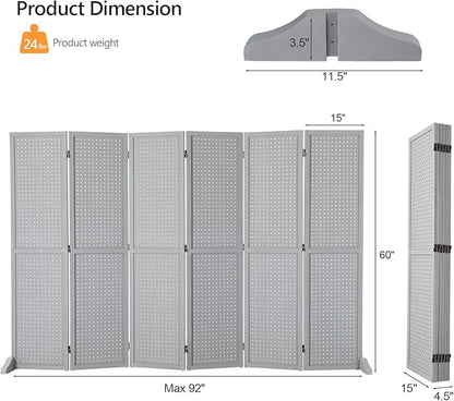 Bonnlo 4/6 Panel Pegboard Freestanding, 5 FT Portable Display Board Organizer for Craft Show Jewelry, Wooden Folding Privacy Screen Room Divider (Grey, 6 Panel with Base)