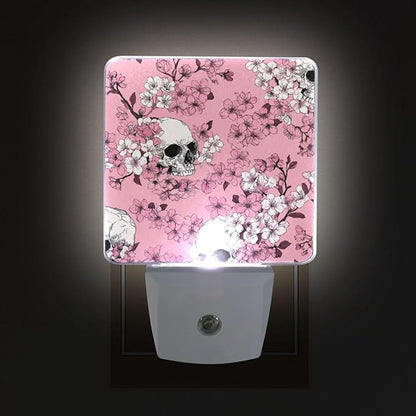 Pigsaly Led Night Light Pink Cherry Blossoms White Skulls Night Light Plug in Wall Lamp Smart Dusk to Dawn Sensor Nightlight Led Lamp Energy Saving Lights Gift for Kids Room Bedroom Bathroom Hallway