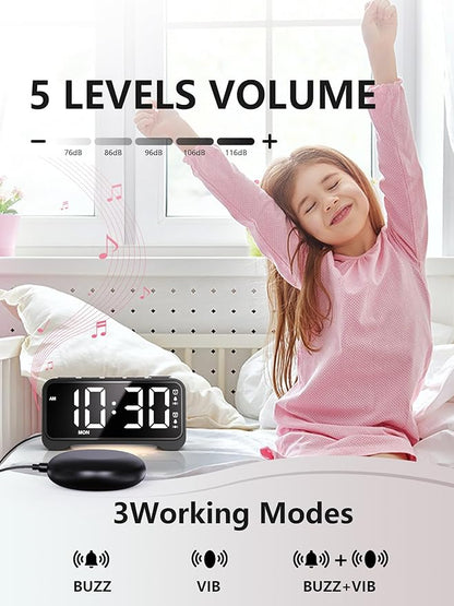 Vibrating Alarm Clock for Heavy Sleepers with Bed Shaker, Extra Loud Buzzer, Dual Alarms, Adjustable Night Light, USB Charging, Battery Backup, for Seniors, Teens, Hearing Impaired