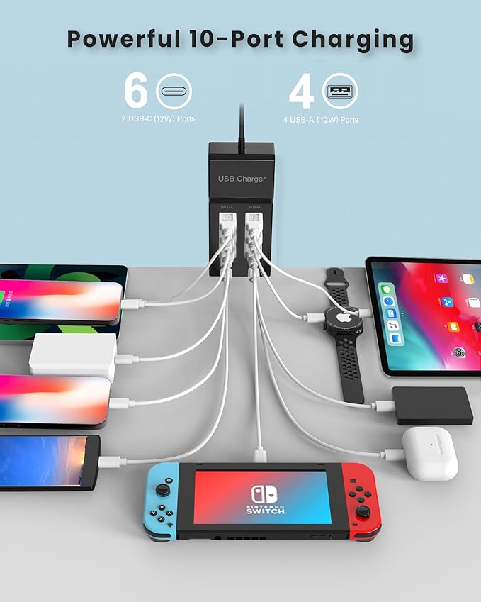 USB C Charger Block 10-Port USB-C Charging Station 6 USBC Ports & 4 USB-A Ports Total 50W USB Power Strip for Multi Devices for iPhone 16 17 15 14 13 12 Se, Galaxy, Pixel, Tablet, Camera, Headphones