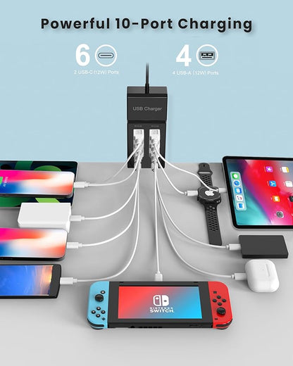 USB C Charger Block 10-Port USB-C Charging Station 6 USBC Ports & 4 USB-A Ports Total 50W USB Power Strip for Multi Devices for iPhone 16 17 15 14 13 12 Se, Galaxy, Pixel, Tablet, Camera, Headphones