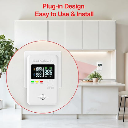 Combination Natural Gas & Carbon Monoxide Detectors,4-in-1 Real-time Display & Monitor,Low-Concentration Detect,Plug in Propane Detector & CO Alarm, for Home,Camping,RV,Apartment