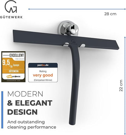 GÜTEWERK Shower Squeegee for Glass Doors, Silicone Window Squeegee, Bathroom and Glass Cleaning - Black - 11 Inch