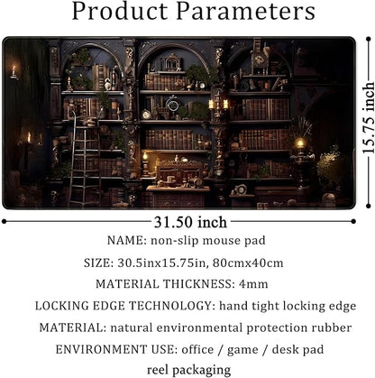 Black Vintage Gothic Desk Mat Black Dark Academia Desk Pad Medieval Bookshelf Large Flower Mouse Pad XXL Plant Mousepad Extended Laptop Computer Keyboard Mat Office Desk Decor 31.5x15.8 in