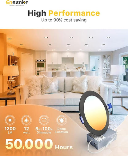 Ensenior 12 Pack 6 Inch LED Recessed Ceiling Light Black, Dimmable, 2700K-5000K 5CCT, 1200LM 12W 120V, High Brightness Canless Wafer Downlight - ETL&FCC&IC