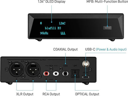blafili B3 Professional XLR Bluetooth v5.1 Music Receiver, LDAC & aptX HD Streamer, Built-in ESS DAC, Analog RCA, Digital Optical and COAXIAL Outputs, for Audio Mixer, DJ Speakers & PA System