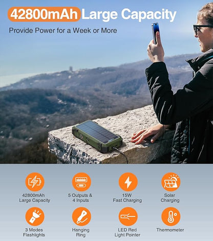 Army Green Solar Power Bank 42800mAh, 15W Wireless Portable Charger with Built-in Cables, 5 Outputs & 3 Inputs, Outdoor Battery Pack with LED Flashlight, Fast Charging for iPhone, Samsung, iPad