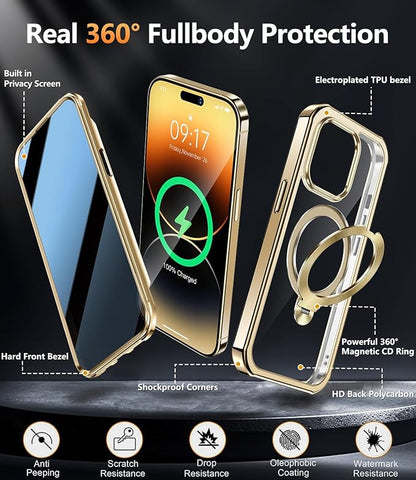 [360° Rotatable CD Stand & Built-in Privacy Screen Magnetic Case for iPhone 14 Pro [Compatible with MagSafe & Full Signal] Mil-Grade Shockproof Full Body Anti-Spy Cover for 14 Pro-Gold