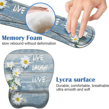 Mouse Pad Wrist Support and Keyboard Wrist Rest Set with Coasters, Dreamy Daisy Vintage Wood Board Live Love Laugh with Non-Slip PU Base Ergonomic Mousepad for Home Office Working Studying