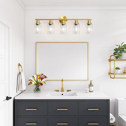 Guliaofo 5-Light Bathroom Vanity Lights, E26 Modern Brushed Gold Bathroom Light Fixtures with Clear Glass Shade, Mirror Kitchen Hallway Cabinet Living Room Sconces Wall Lights
