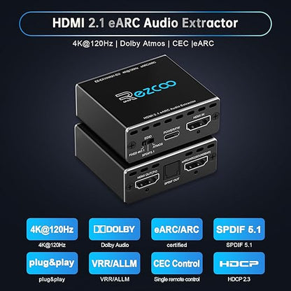4K@120Hz HDMI 2.1 eARC Audio Extractor 1 in 1 Out Support VRR ALLM HDCP2.3 ARC eARC HDR CEC SPDlF Optical Audio Out Digital EDID for PS5 Xbox NVIDIA AMD