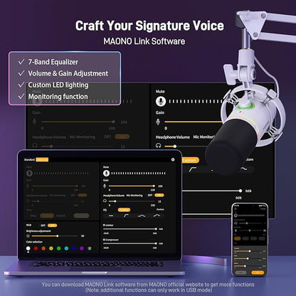 MAONO XLR/USB Dynamic Microphone Kit, RGB Podcast Mic with Software, Mute, Gain Knob, Volume Control, Boom Arm for Streaming, Gaming, Voice-Over, Recording-PD200XS White