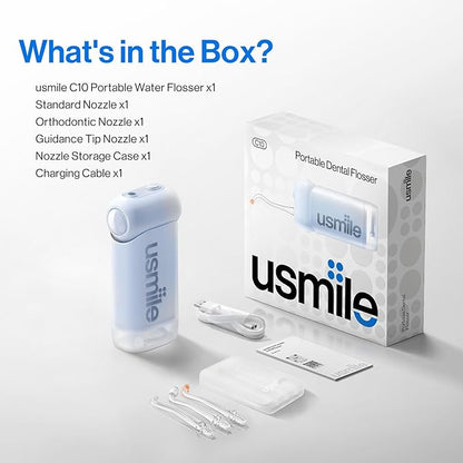 usmile C10 Portable Water Flosser – Travel-Friendly, 95-Day Battery, 4 Modes, 360° Nozzle, 180ml Tank, IPX7 Waterproof, Dentist-Recommended for Braces, Implants & Sensitive Gums (Blue)