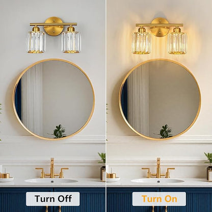FDPBY Modern 2 Light Crystal Vanity Light, Brushed Gold Vertical Bathroom Light Fixture Over Mirror for Dressing Table Sink, Compatible with Dimmable Bulbs (Bulbs Not Included)