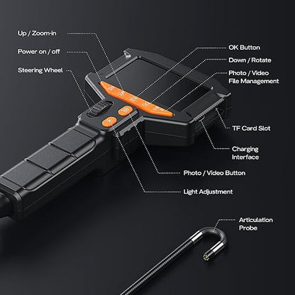 Two-Way Articulating Borescope Camera with Light: Industrial Endoscope Inspection Snake Camera - Flexible Bore Scope Cam with 0.33in Articulated Probe for Mechanic Automotive Engine Wall - 5.5FT