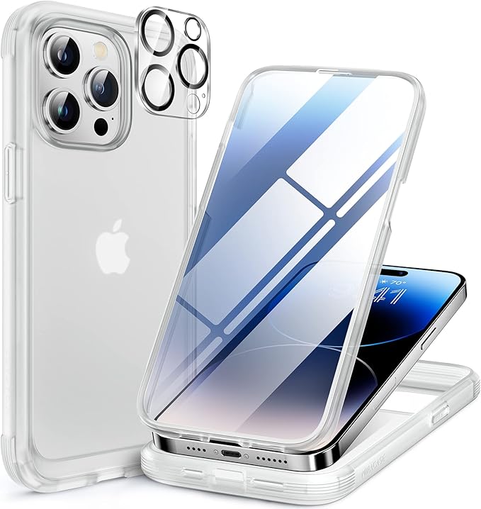 Miracase Glass Series Designed for iPhone 14 Pro Max Case 6.7 Inch, Upgrade Full-Body Bumper Case with Built-in 9H Tempered Glass Screen Protector, with Camera Lens Protector, Matte Clear