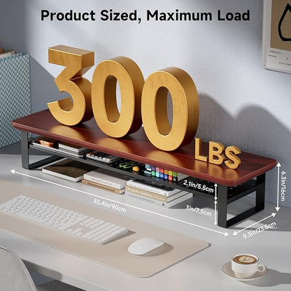 NestNeat Dual Monitor Stand, 35.4 Inch Monitor Stand Riser for 2 Monitors, 2 Tiers Wood Desk Shelf with Storage, Desktop Organizer Stand for Computer, Laptop, Printer, TV (Reddish Brown, 35.4in)