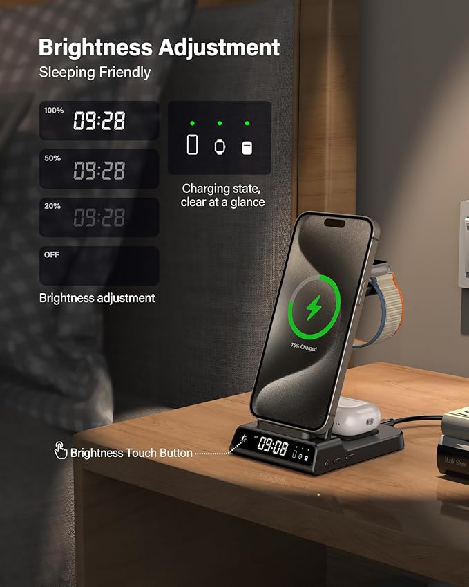 leChivée Wireless Charger for Apple Devices, 3 in 1 Wireless Charging Station Dock for iPhone 16 Pro Max/16 Pro/15/14/13/12, Apple Watch Charger for iWatch Ulltra 2/9/8/7/SE/6/5/4/3, AirPods Pro/4/3