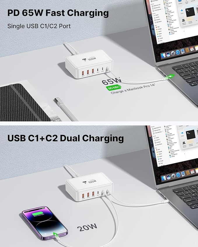 Aiminu USB C Charger Block Charging Station 6-Port 100W GaN USB C Fast Charging for Multiple Devices PD 3.0 Type C & USB A Wall Charger Power Adapter for All iPhone iPad Samsung Android Pixel Series